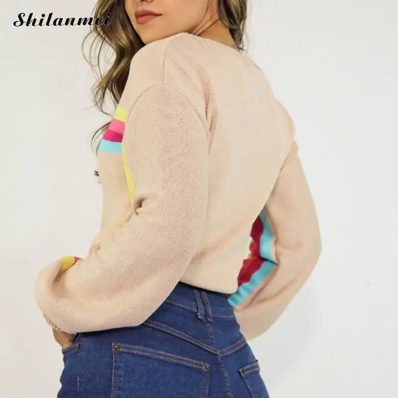 Женский вязаный свитер в радужную полоску с круглым вырезом модная теплая