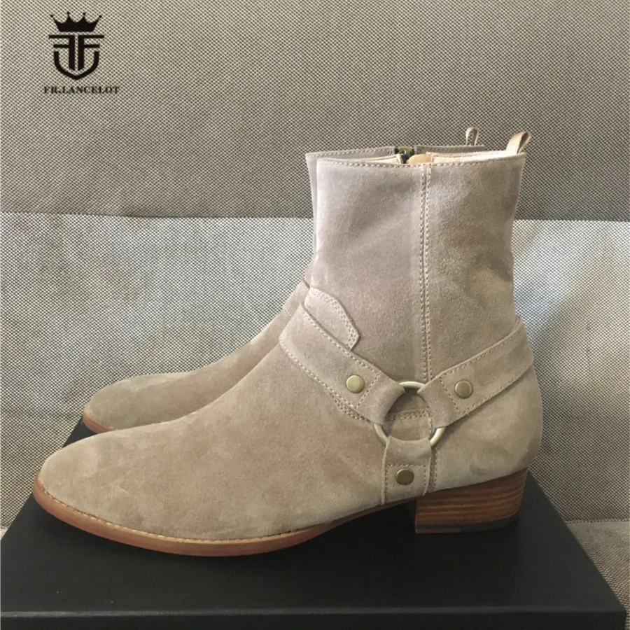 Exclusive Handmade designer real picture High Top Ankle Strap Suede Leather Men Denim Boots Wyatt Catwalk Wedge Chelsea | Обувь