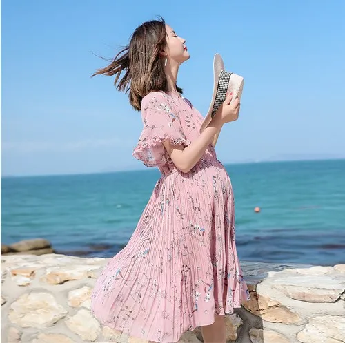 

Summer Maternity Short Sleeve Chiffon Dress Pregnancy Floral Dresses Round neck Fashion Pregnant women Vacation Beach Clothes