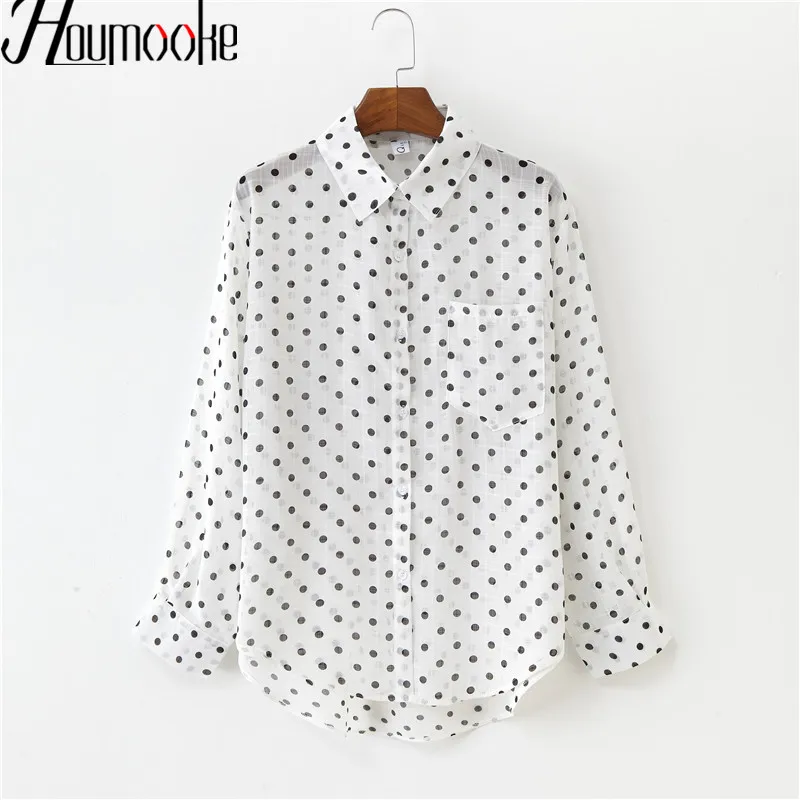 Женская шифоновая блузка с длинным рукавом HMK летняя тонкая рубашка в горошек