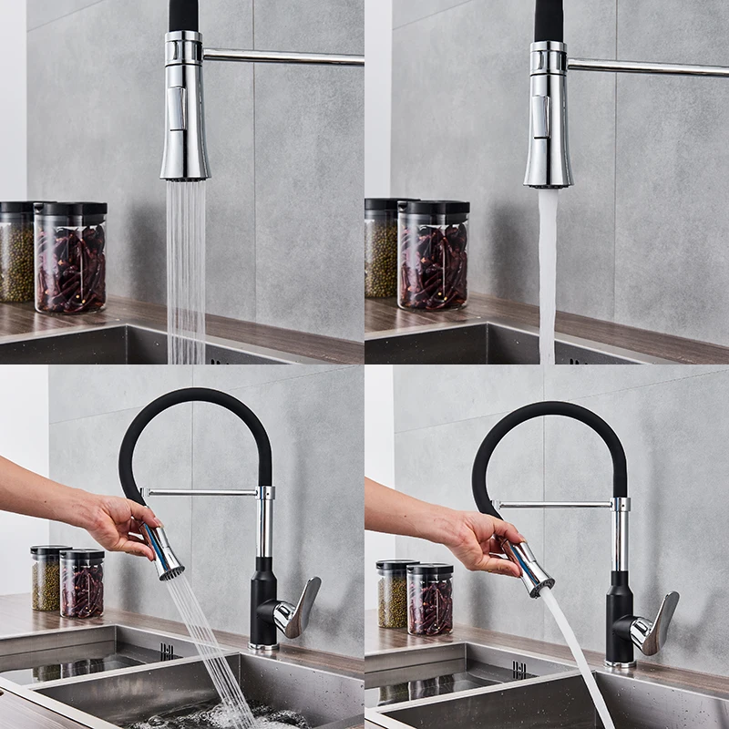 Смеситель для кухонной мойки кран с струйным носиком черный/белый хром вытяжной