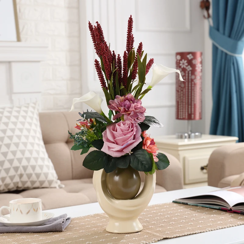 European Creative Ceramic Vase+Artificia Flower Ornament Decoration Modern Home Furnishing Crafts Decor Fake Flower Arrangement