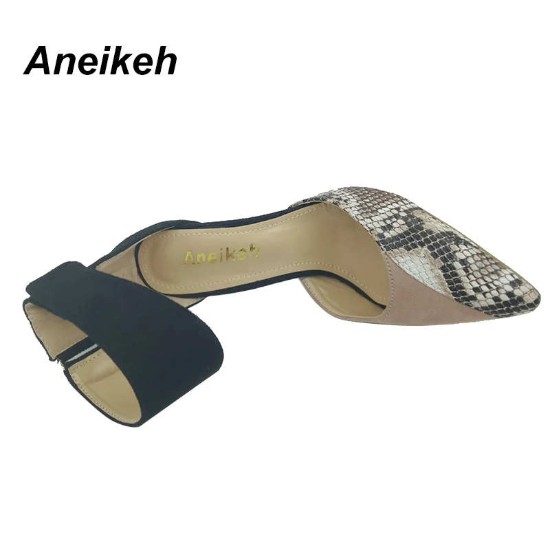 Aneikeh/Новинка года; модные тонкие туфли с острым носком; женские офисные туфли на каблуке; модные пикантные туфли-лодочки со змеиным узором; Цвет Черный; Размеры 35-40