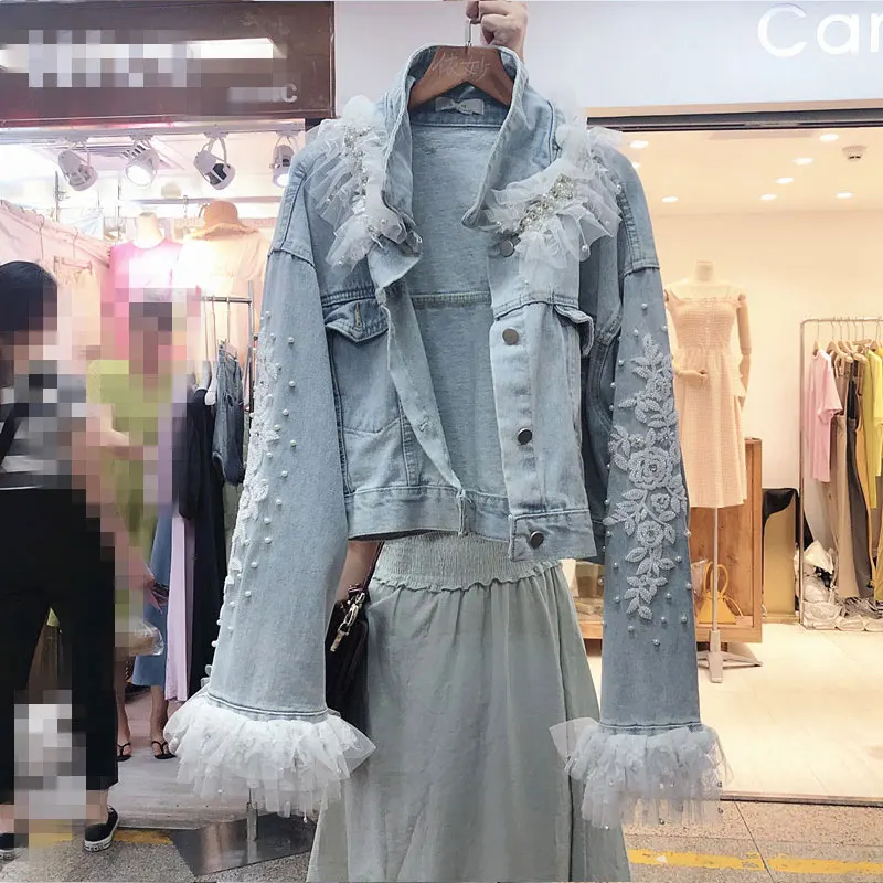 Вышитое бисером Сетчатое кружевное пальто Джинсовая куртка с вышивкой 2019