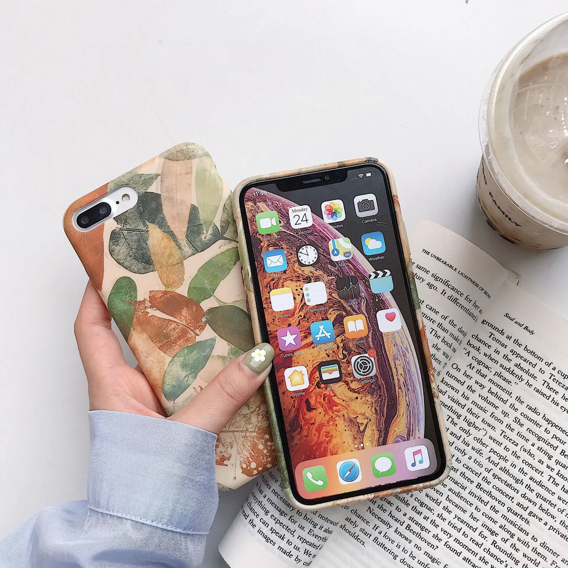 Retro Art Illustration Leaf Korean Phone Case For iPhone 7 Puls 6 6S 8 Liquid Silicone Soft X Xr XsMax |