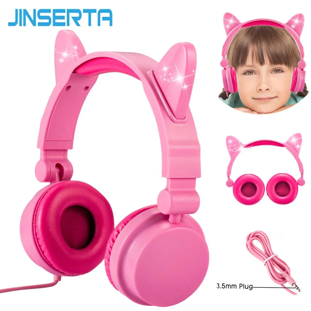 JINSERTA, портативные наушники с кошачьими ушками, светящиеся наушники для детей, Накладные наушники, гарнитура для детей, подарок на Рождество, день рождения