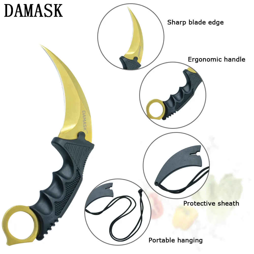Золотой тактический Karambit фиксированной нержавеющей стали Открытый нож