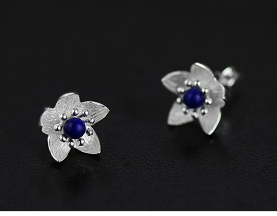 Lotus Fun Реальные Стерлингового Серебра 925 Природных Ляпис ручной работы Fine Jewelry свежий цветок Стад Серьги для женщин brincos