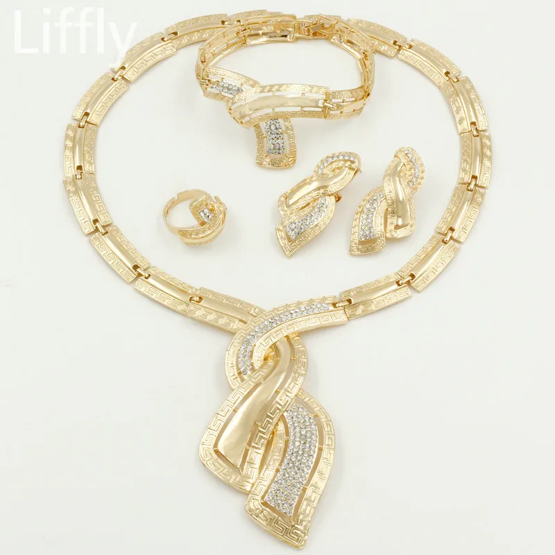 Jewelry set Модные африканские золотые украшения из Дубаи, нигерийское Кристальное ожерелье, серьги-кольца, женские итальянские Свадебные Ювелирные наборы, свадебные аксессуары - Окраска металла: Jewelry set