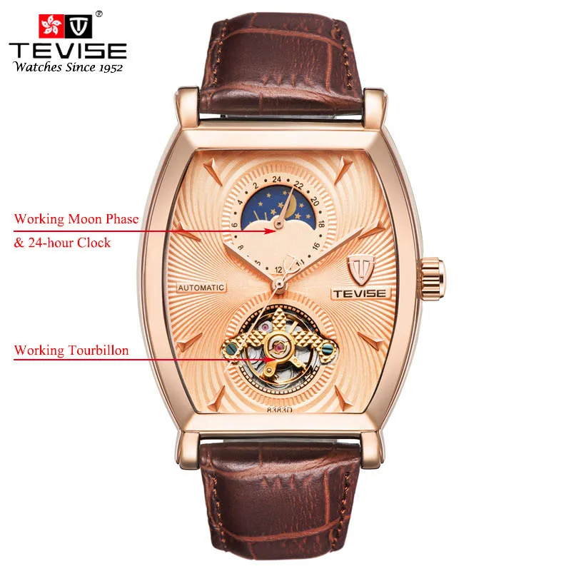 brown 1 Tevise механические Автоматические часы для мужчин бизнес Tourbillon Топ люксовый бренд Relojes Hombre кожа Moon Phase часы 8383D - Цвет: brown 1