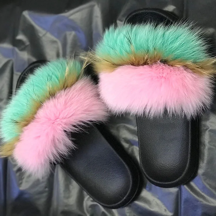 green pink raccoon ZDFURS/; Лидер продаж; женские шлепанцы с лисьим мехом; Разноцветные Летние модные шлепанцы; женские меховые домашние Вьетнамки; пляжные сандалии - Цвет: green pink raccoon