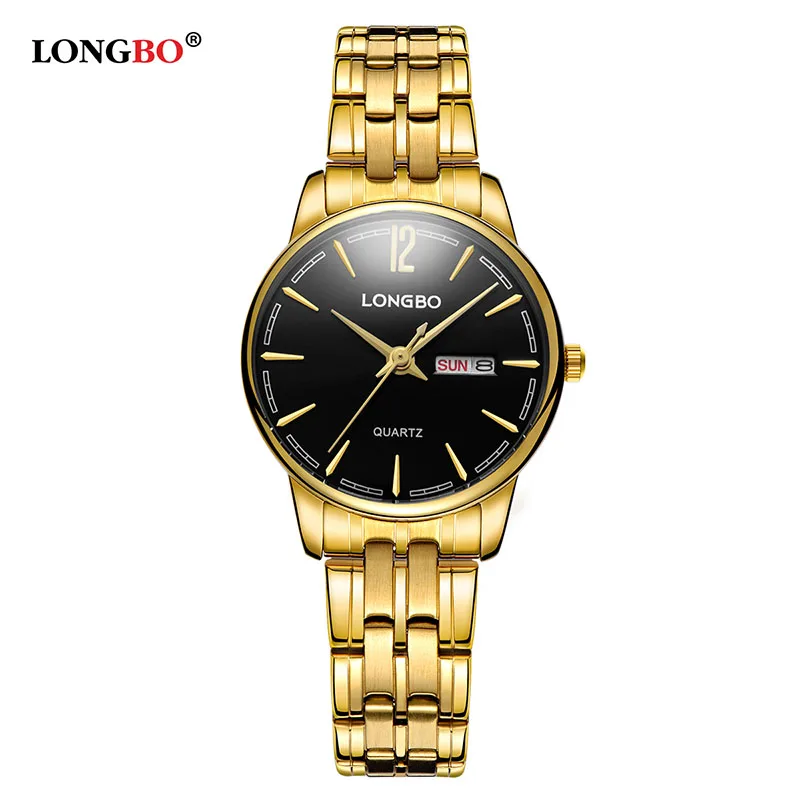 Gold Black Women Бренд LONGBO, новые модные мужские и женские часы, классические водонепроницаемые наручные часы для пары, повседневные часы для влюбленных, подарки, горячая Распродажа 5089 - Цвет: Gold Black Women