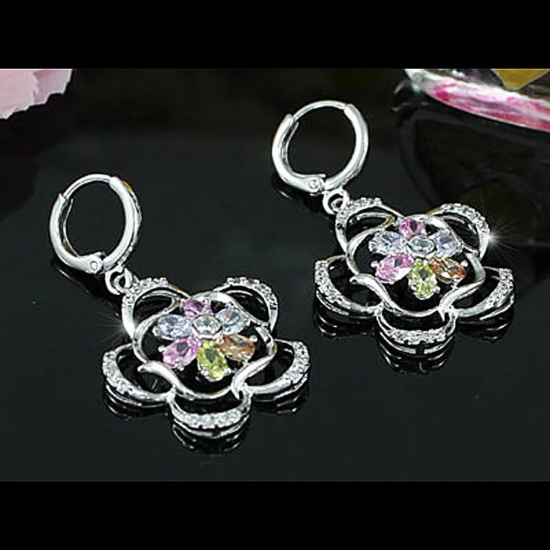 Peacock Star Multi-Color Flower Cubic Zirconia Dangle Pierced Earrings CSE432 | Украшения и аксессуары