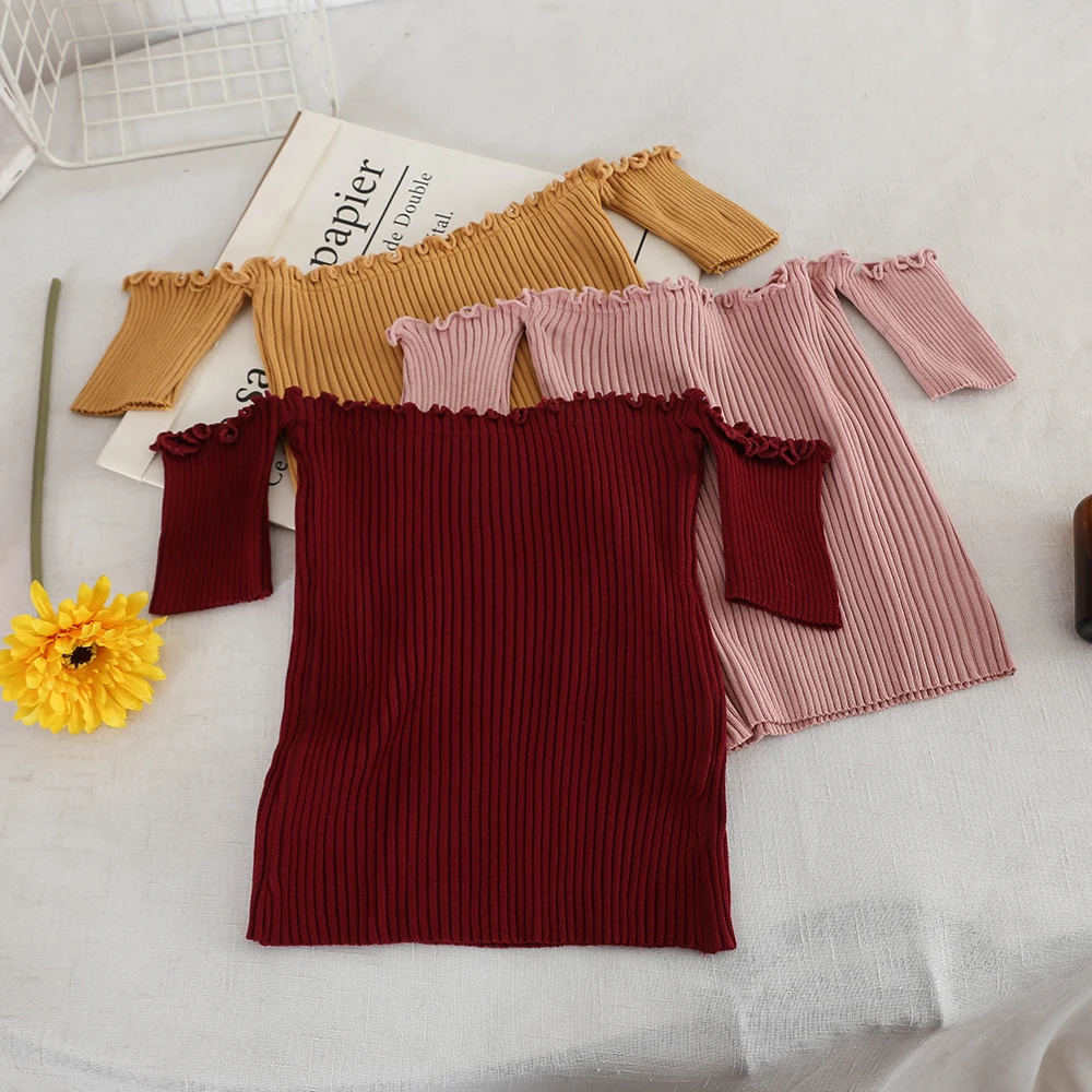 2019 новые модные женские футболки с одним вырезом без бретелек на плечах вязанные