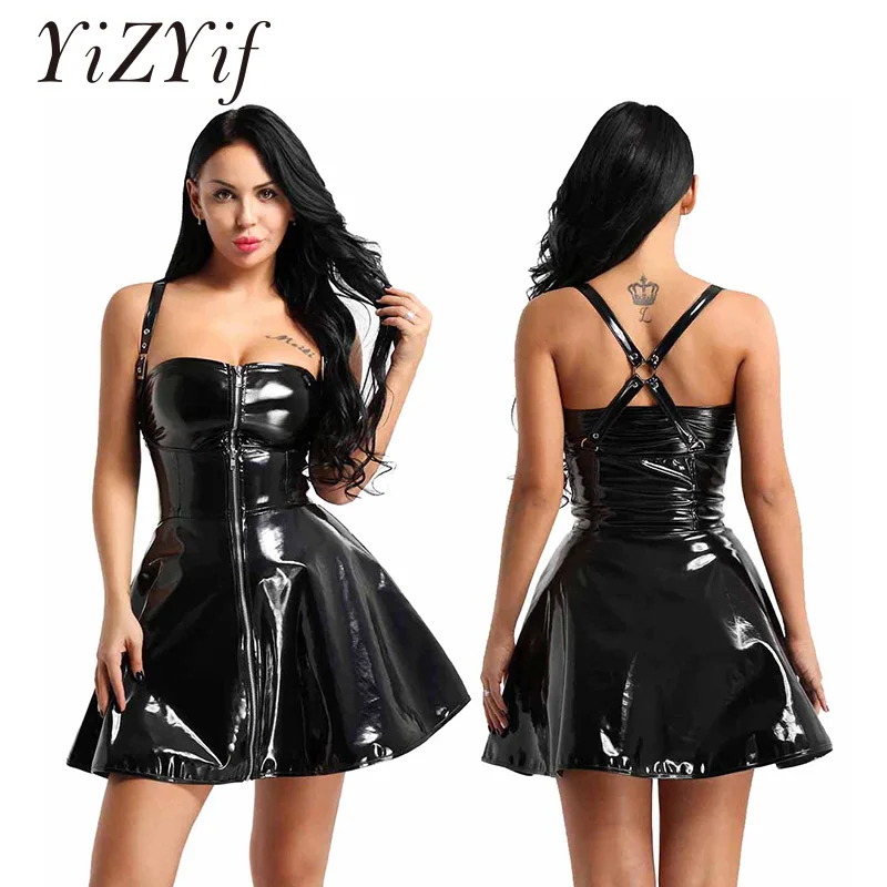 YiZYiF женское платье корсет Wetlook Клубная одежда из лакированной кожи на молнии