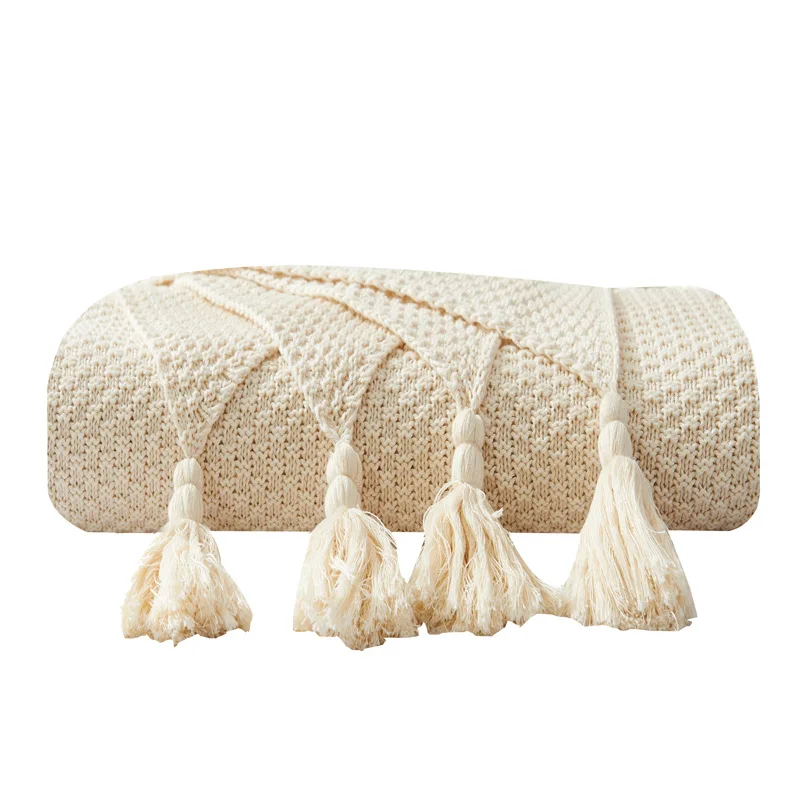 Cream-colored Хлопковое покрывало для дивана с рисунком ананаса и кисточкой, весенне-летнее тонкое одеяло, вязаное Клетчатое одеяло в скандинавском стиле, новинка - Цвет: Cream-colored