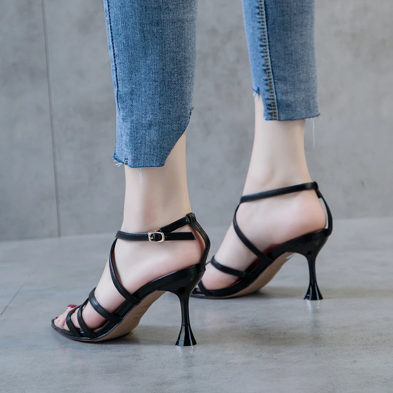 2019 summer new open toe high heel women's cross with a word buckle stiletto sandals | Обувь