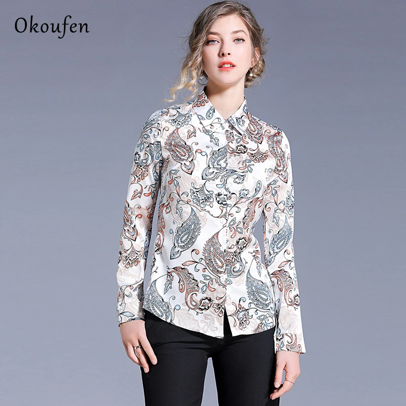 Okoufen/весна лето 2019 Новая женская рубашка для похудения с откидным воротником и