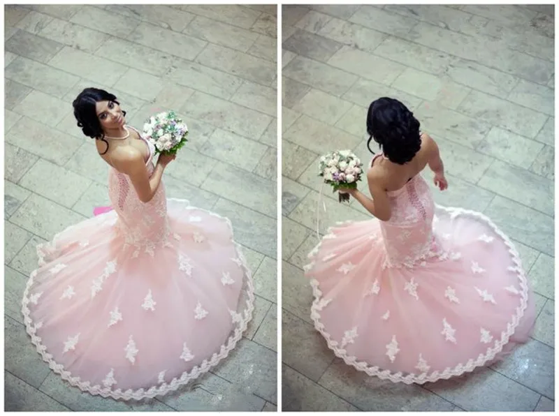 Сексуальная Розовый Милая С Плеча Узелок Аппликации Русалка Свадебные Платья