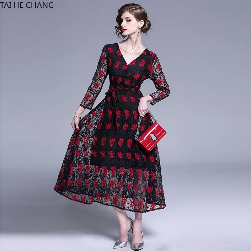 

Women Dress New Fashion Summer Vintage Party V-neck Long Lace Work Runway Bodycon Casual Office Dresses