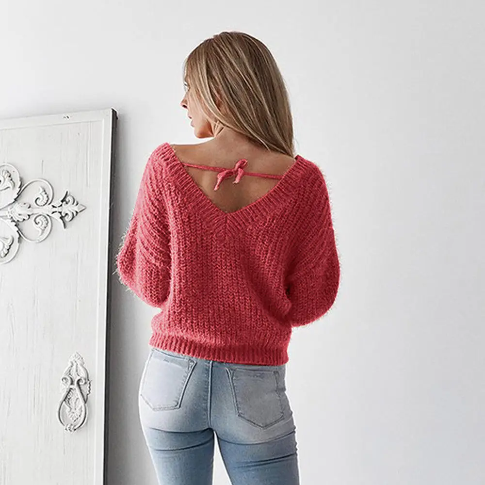 Women Ladies Long Sleeve Sweater Tops Knitted Pullover Backless | Женская одежда