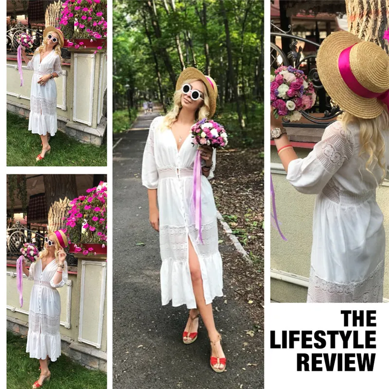 Элегантная Женская туника, летняя мода, длинное пляжное платье, сексуальное, пэчворк, короткий рукав, спереди, открытое, белое, хлопковое платье, Robe De Plage N561