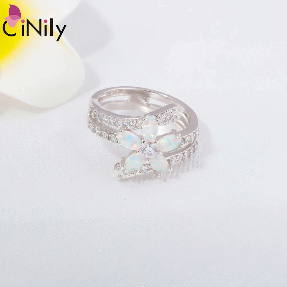 

CiNily Green & White Fire Opal Stone Large Wide Filled Rings Silver Plated Flower Flora Gardenia Bohemia Boho Fully-Jewelled