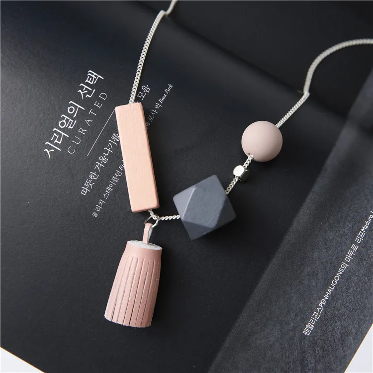Women Leather Tassels Long Necklaces Sweater Chain Cute Mixed Colors Geometric Squares Pendant collares mujer kolye | Украшения и