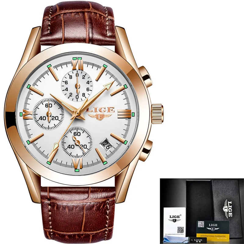 L Rose Gold White LIGE Мужские часы от ведущего бренда, Роскошные военные спортивные часы, мужские водонепроницаемые часы из нержавеющей стали, кварцевые часы, мужские часы+ коробка - Цвет: L Rose Gold White
