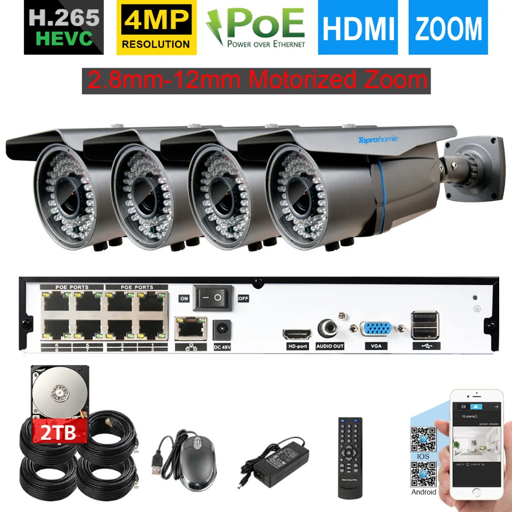 Toprohomie H.265 8CH 4MP POE система NVR 4 шт. 2 8 мм 12 моторизованный зум автофокусом объектив ip