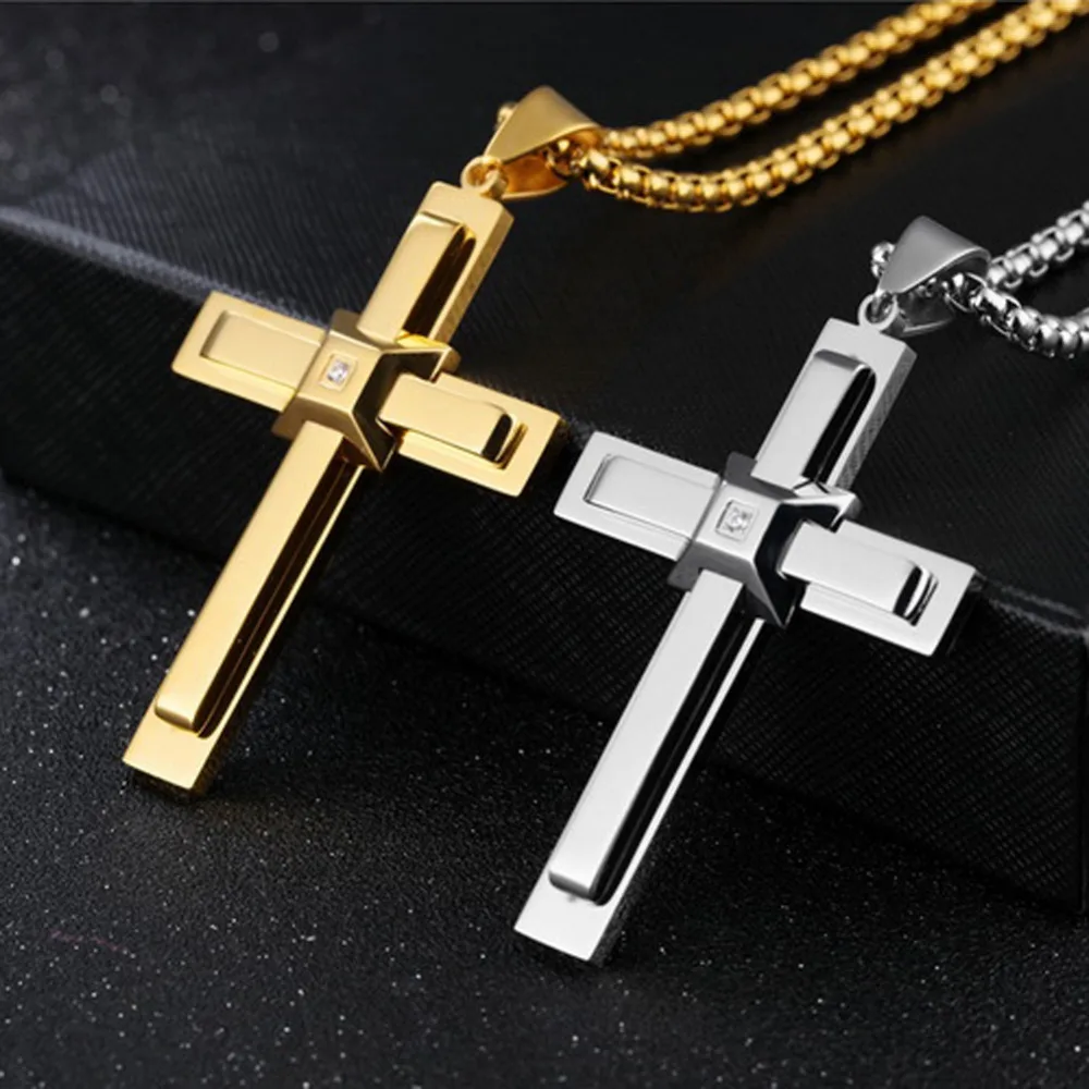 

New Punk Style Rock Unix Men's Cool Silver Gold Cross Pendant Stainless Steel Necklace Accessories Box Chain