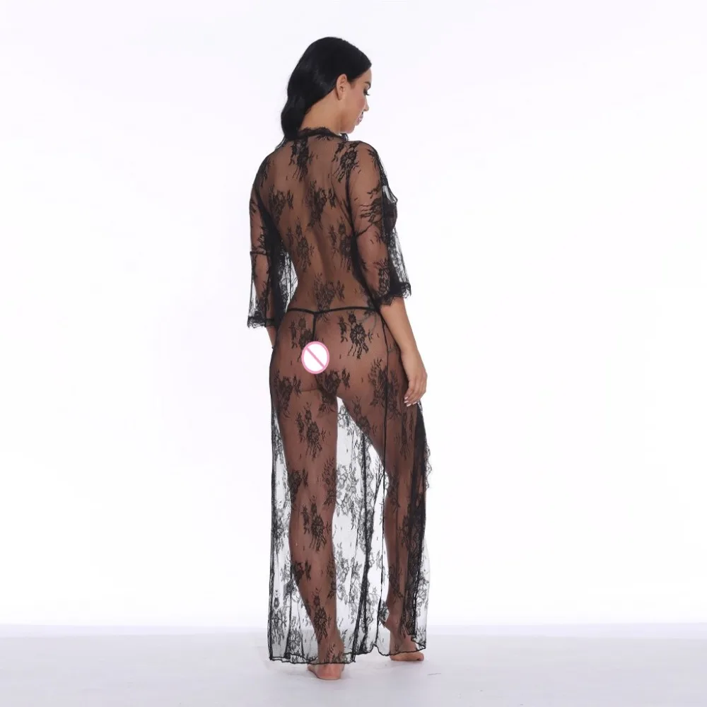 Женское Сексуальное белье Babydoll, эротический халат, ночная Пижама с тонкими прозрачными длинными рукавами, кружевное ночное белье, ночной кардиган, Халат