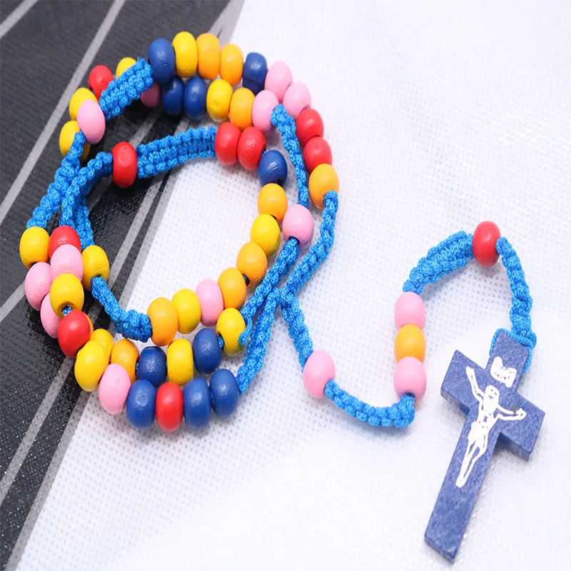 

8mm braided rope blue wooden beads rosary necklace, Catholic Holy Cross prayer woven necklace, fashion woven wooden beads neckla