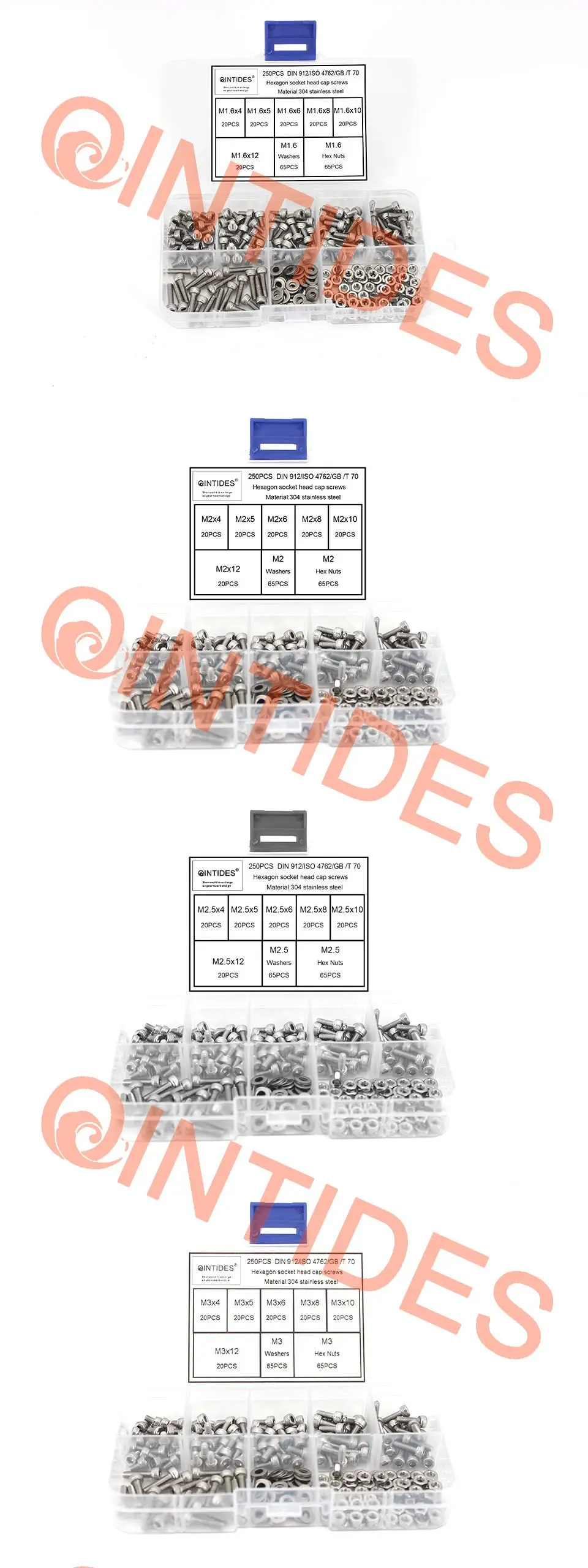 Qintides 250 шт./компл. DIN912 M1.6 M2 M2.5 M3 304 Нержавеющая сталь с шестигранной головкой Кепки винты велосипедные болты с шестигранной головкой, соответствующие стандартам Американского общества по Ассортимент Комплект