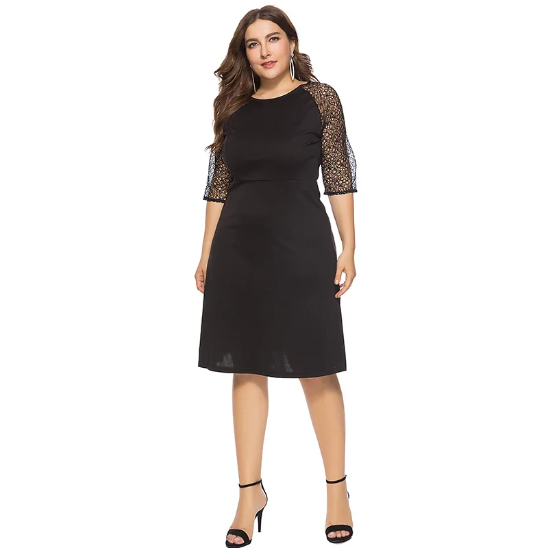 Сексуальное женское платье Romacci блестящее кружевное с круглым вырезом и рукавом