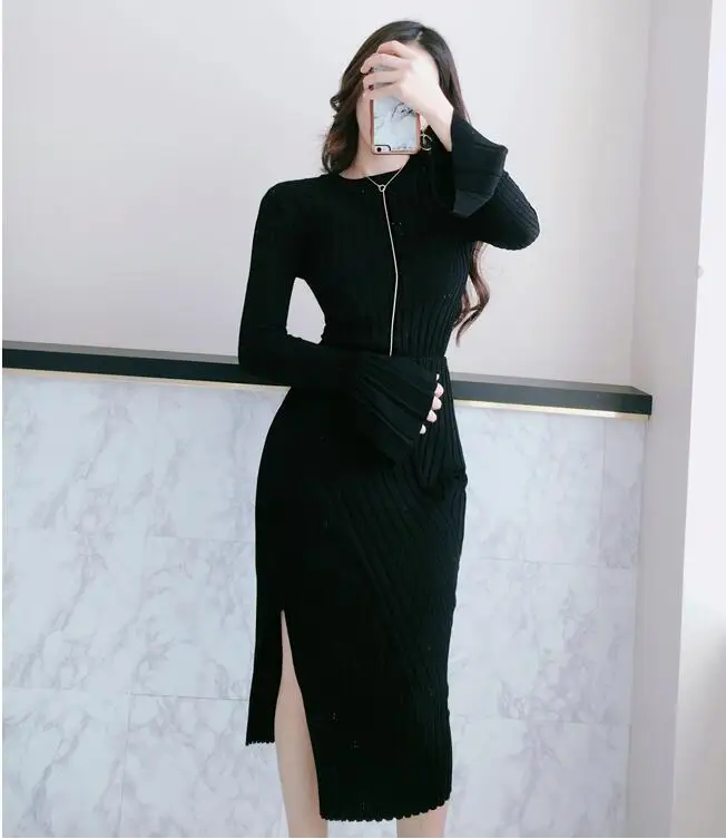 Высокое качество Осень зима 2019 однотонные вязанные топы с широкими рукавами и