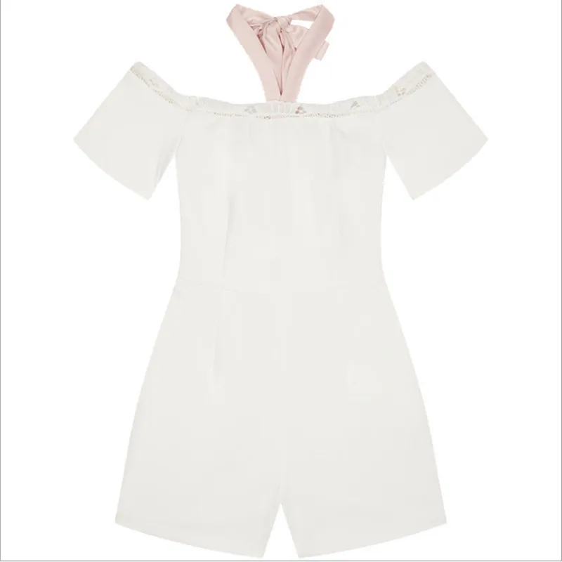 

Women jumpsuits & rompers elegant white color playsuits with lace pink lace up causal brief jumpers European and American style