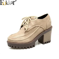 eokkar 2019 classic platform oxfords women pumps round toe square heel pu leather brogues shoes black ladies pumps size 34 43