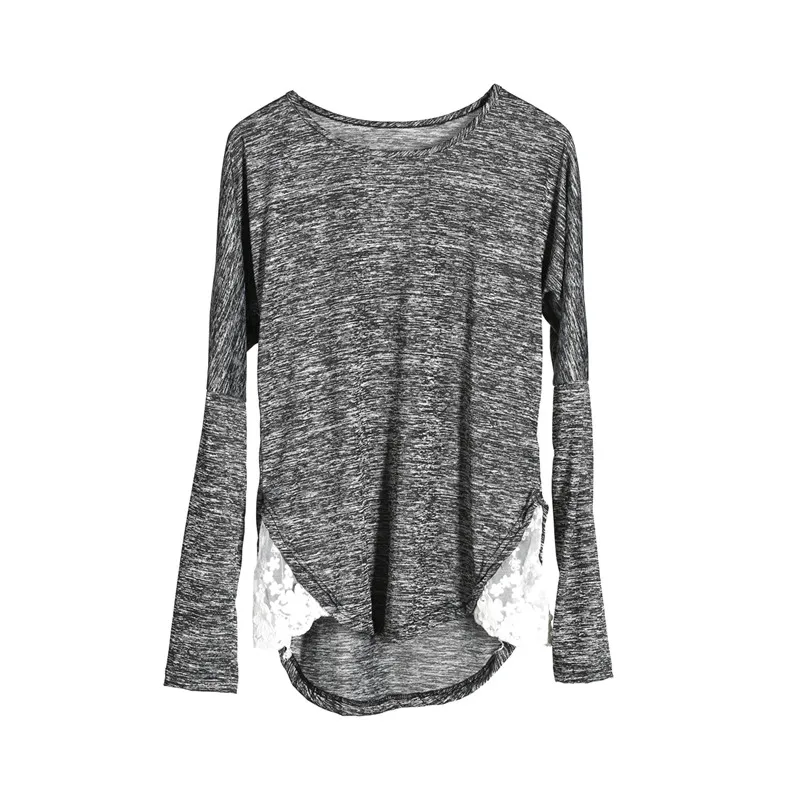 Женская Винтажная футболка с длинным рукавом серая кружевной строчкой на лето и