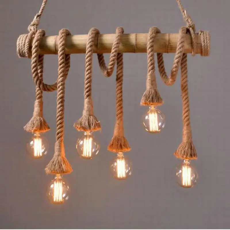 

Retro Hemp cordage lustre Bar Cafe light Pendientes American rural industrial pendant lights Restaurant Bamboo hanging lights