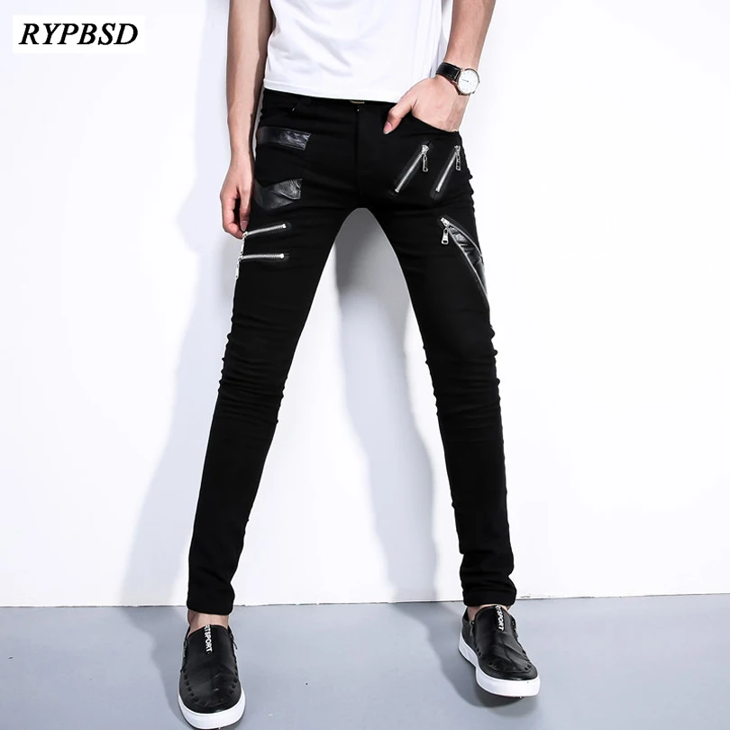 Hip Hop Jeans for Men Streetwear Fashion Patchwork Punk Gothic Party Stage Multi Zippers Skinny Black Leather Pants Designer | Мужская