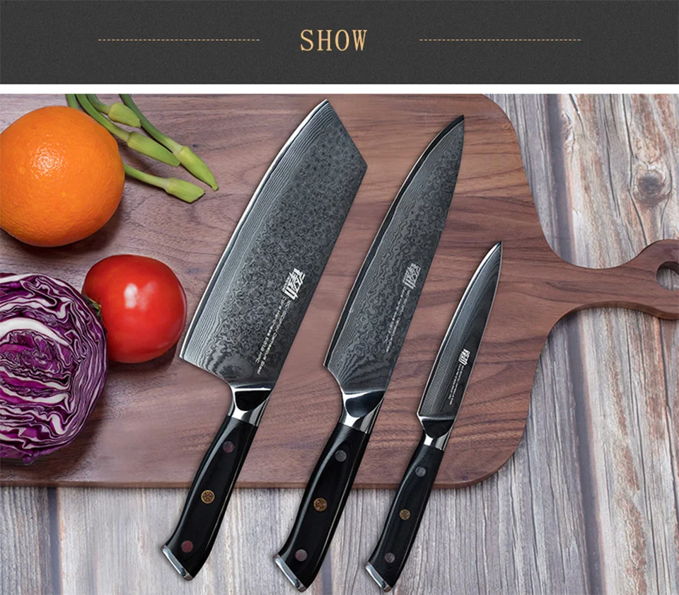 FINDKING G10 набор дамасских ножей с ручкой 7 дюймов нож для мясника 8 дюймов нож для шеф-повара 5 дюймов нож для фруктов 67 слоев дамасской стали