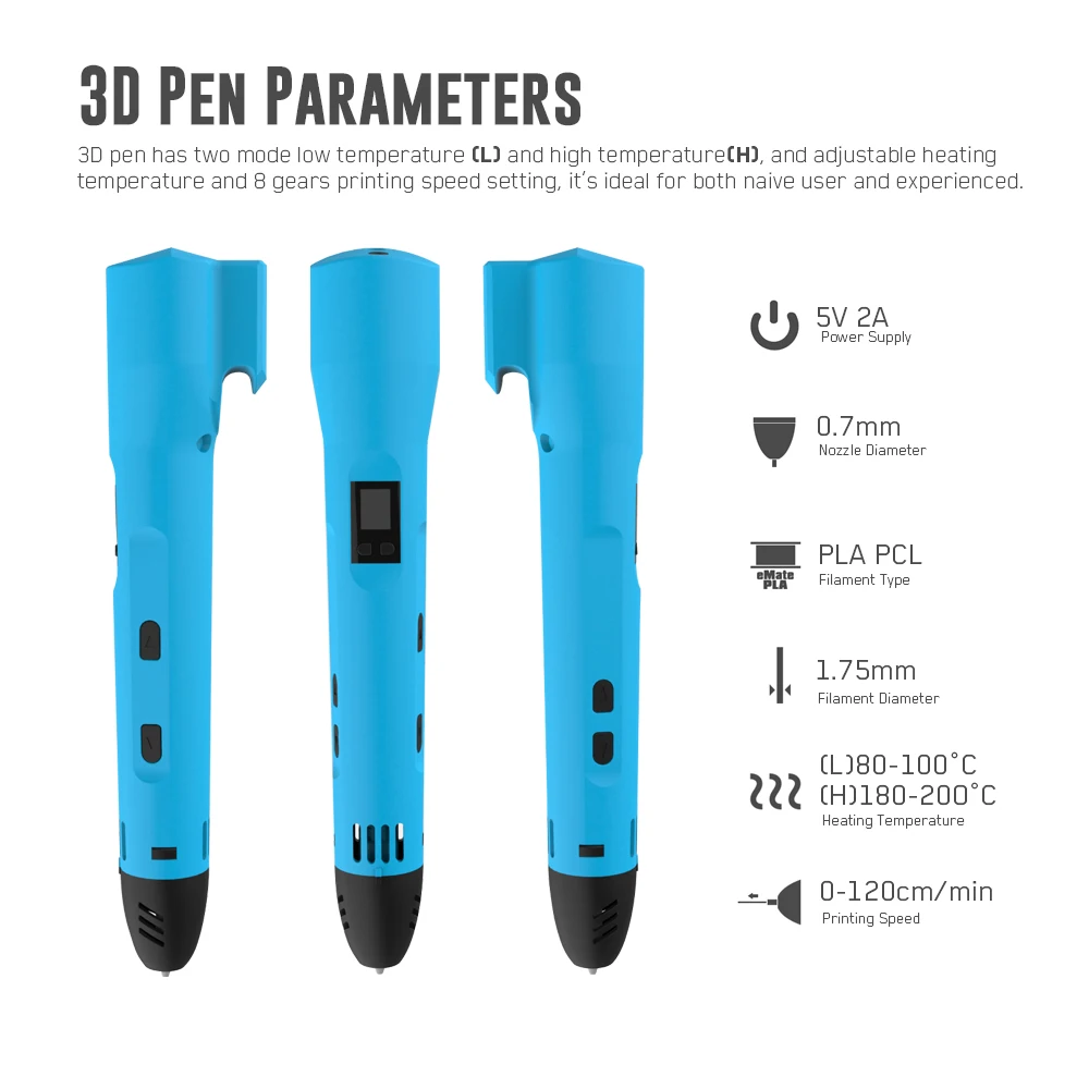 QCREATE QW01-012C универсальная 3D Ручка PLA PCL двойной режим ЖК-дисплей регулируемая температура нагрева и скорость с бесплатной 10 м нити