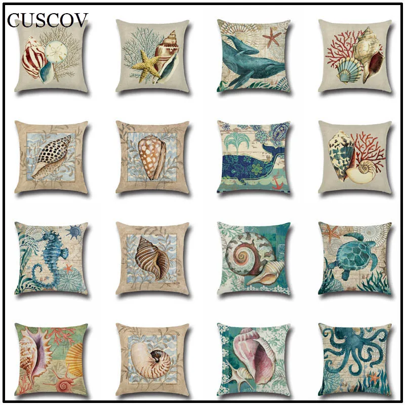 

CUSCOV Marine animal linen sofa cushion cover conch,octopus print wedding decoration pillow case living room chair pillow cover