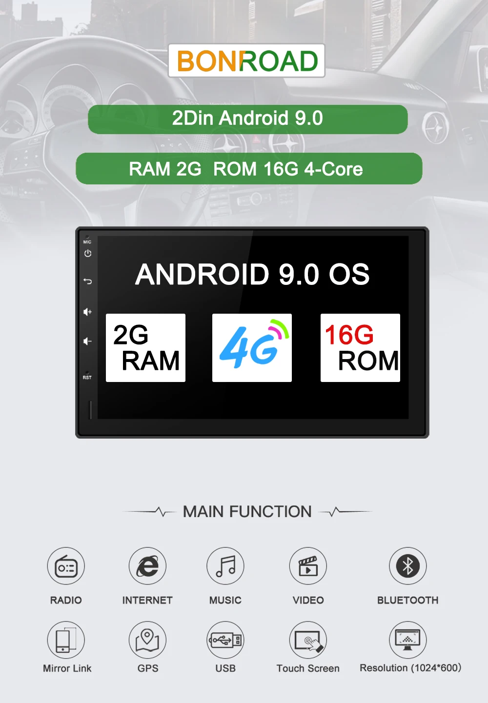 Bonroad 2Din " Android 9,0 Универсальный Автомобильный мультимедийный плеер для hyundai для Kia Автомобильный стерео с gps навигацией Радио BT