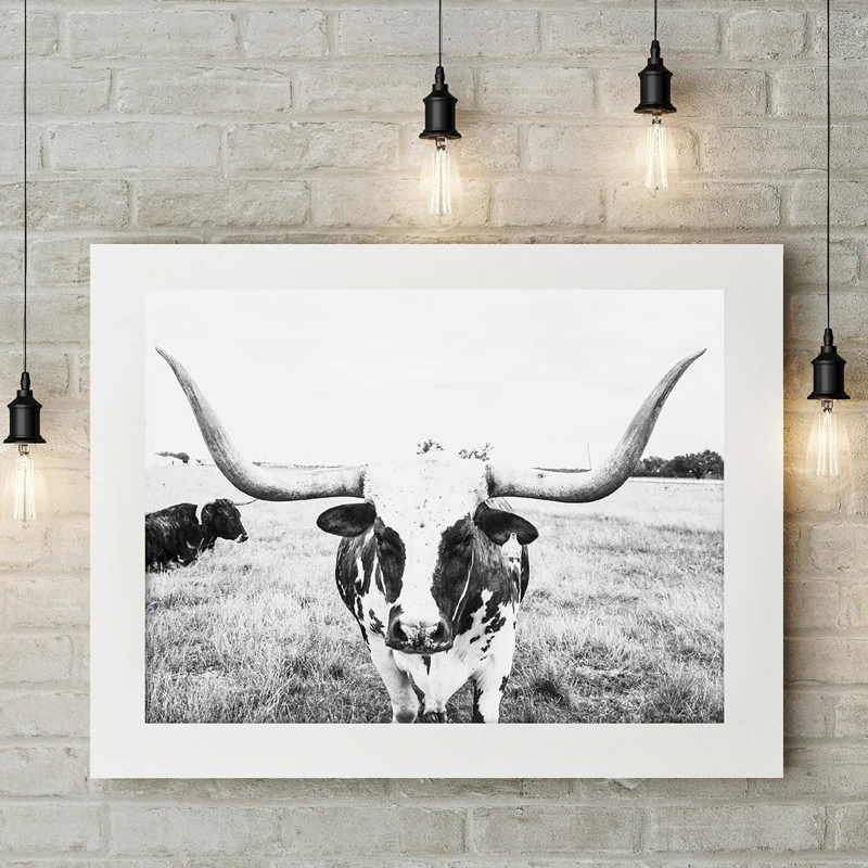 Longhorn рисунок на холсте с крупным рогатого скота Настенная картина животное ферме