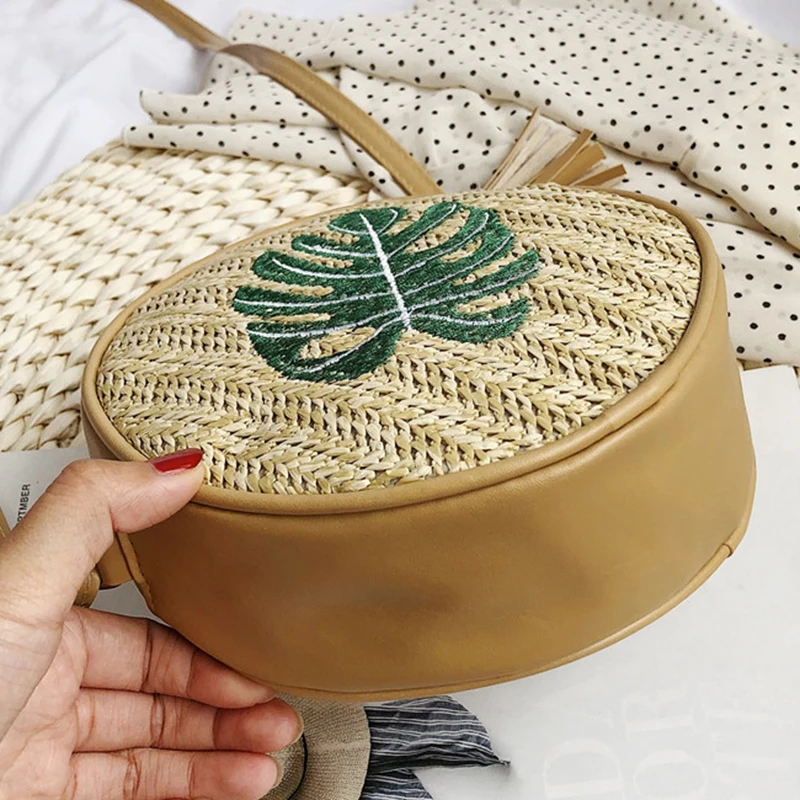 EaseHut Boho женские круглые соломенные сумки с вышивкой в виде листьев ананаса винтажные праздничные летние пляжные Дикие повседневные маленькие плетеная Сумка из ротанга
