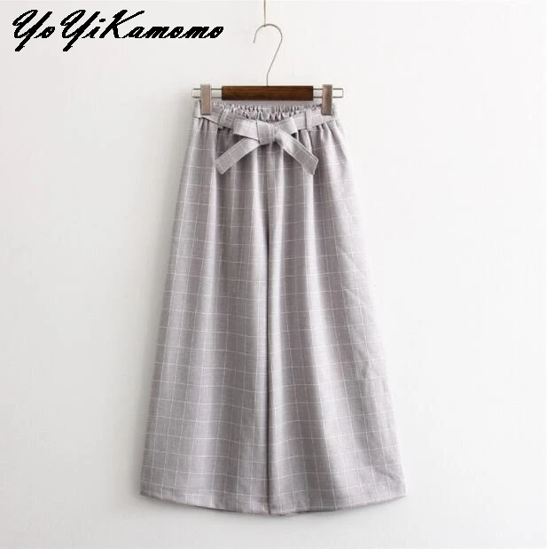 YoYiKamomo 2017 Women Pants Autumn Spring Japanese Mori Girl wide-legged High Waist Plaid Casual Trousers | Женская одежда
