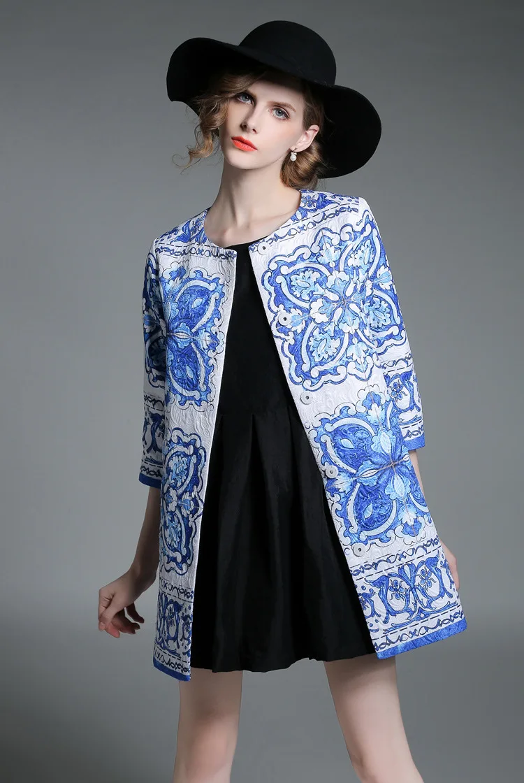 

New spring and autumn women coat, None collar blue and white Chinese style long jacket outerwear 9076
