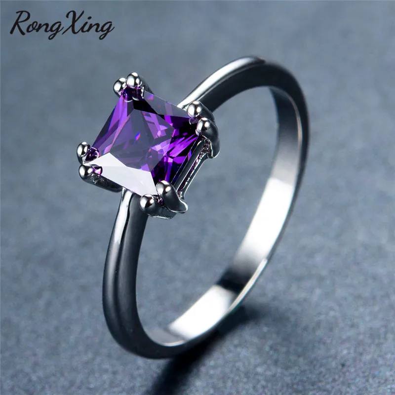 RongXing, принцесса, огранка, разноцветный камень, кольца для женщин, винтажная мода, 925 пробы, серебряное заполненное, квадратное, фиолетовое кольцо из циркона